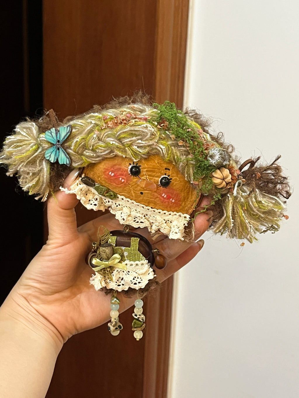 Handmade Double-Sided Pea Pod Doll | Whimsical Art Doll with Braided Hair and Glasses Girl Back