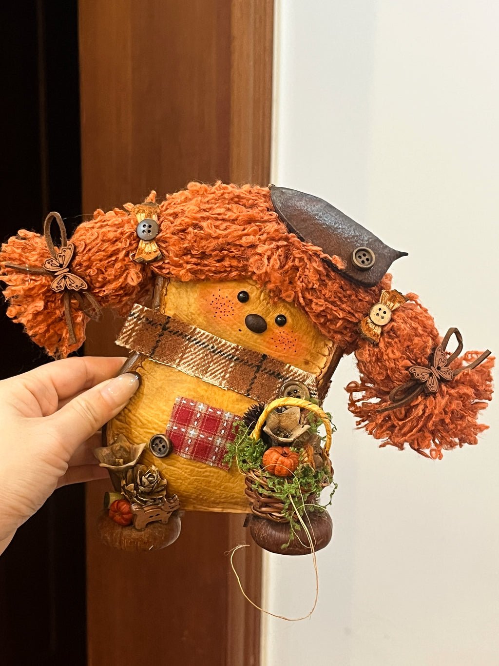 Handmade Autumn Pea Pod Doll | Whimsical Pumpkin Basket Art Doll with Orange Pigtails