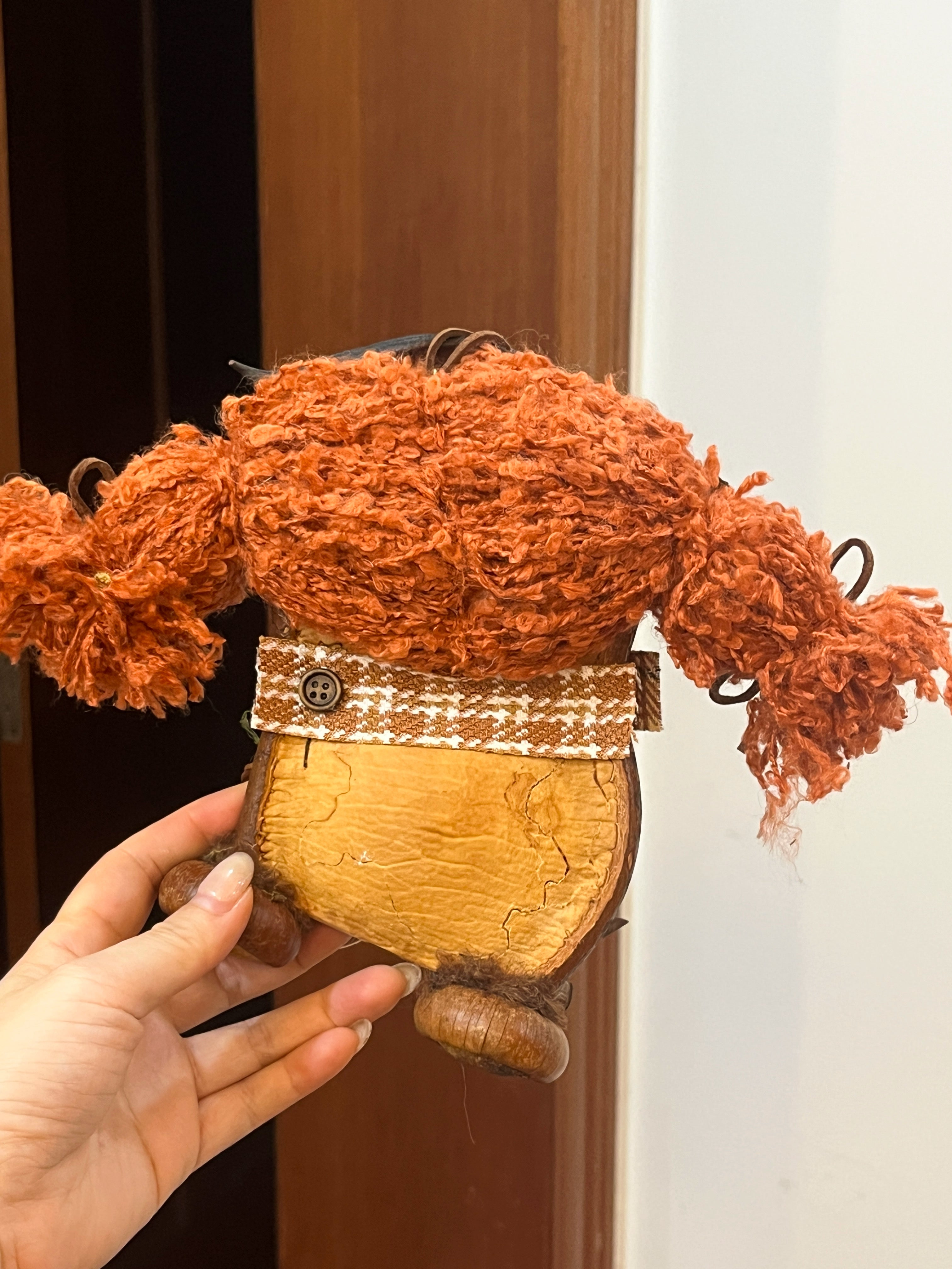 Handmade Autumn Pea Pod Doll | Whimsical Pumpkin Basket Art Doll with Orange Pigtails