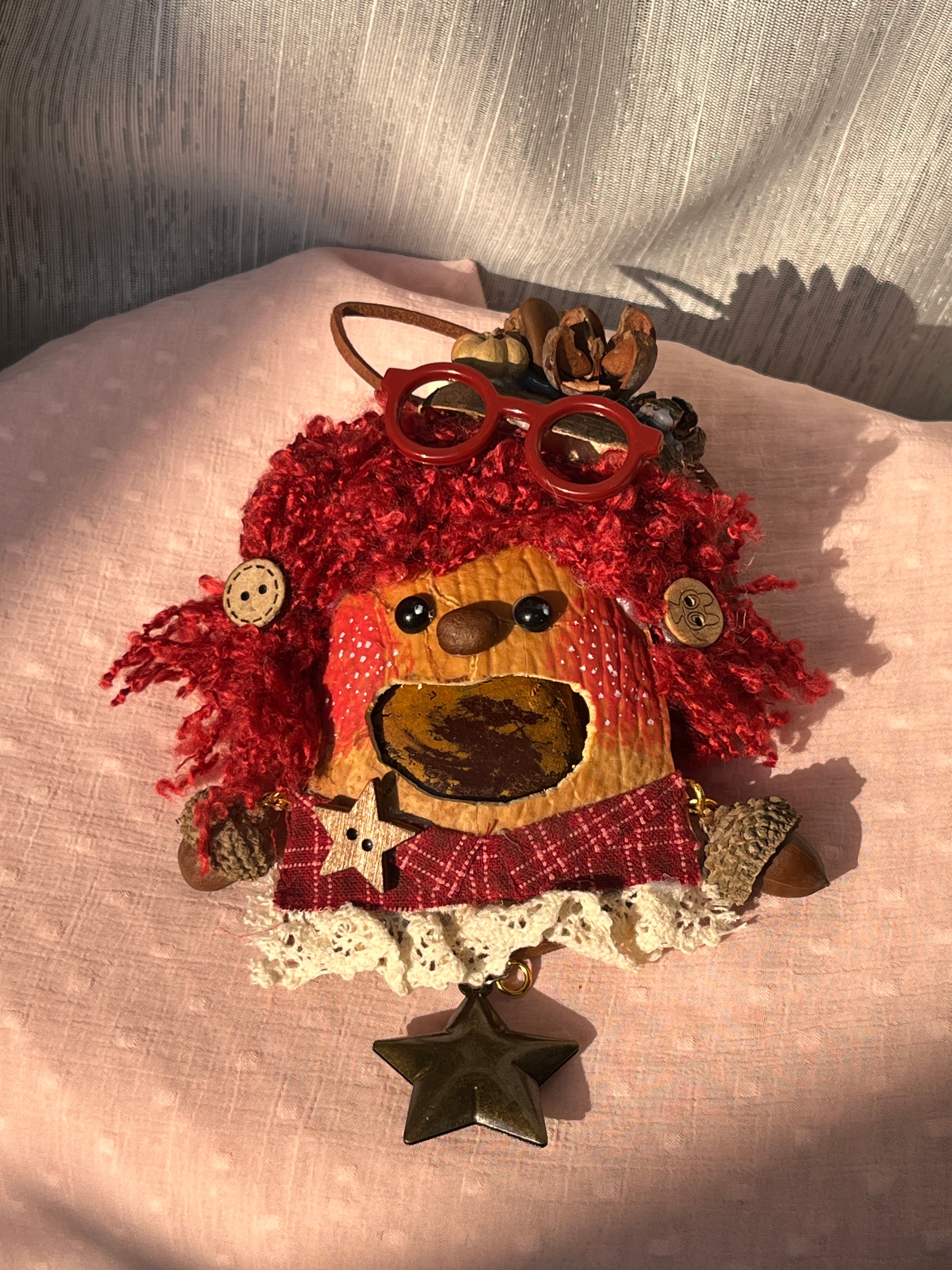 Red Glasses PeaPod Doll | Handmade Whimsical Bag Charm