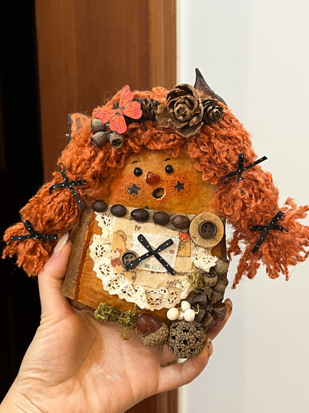Handmade Autumn Pea Pod Doll | Whimsical Orange-Haired Art Doll with Hidden Cat Back