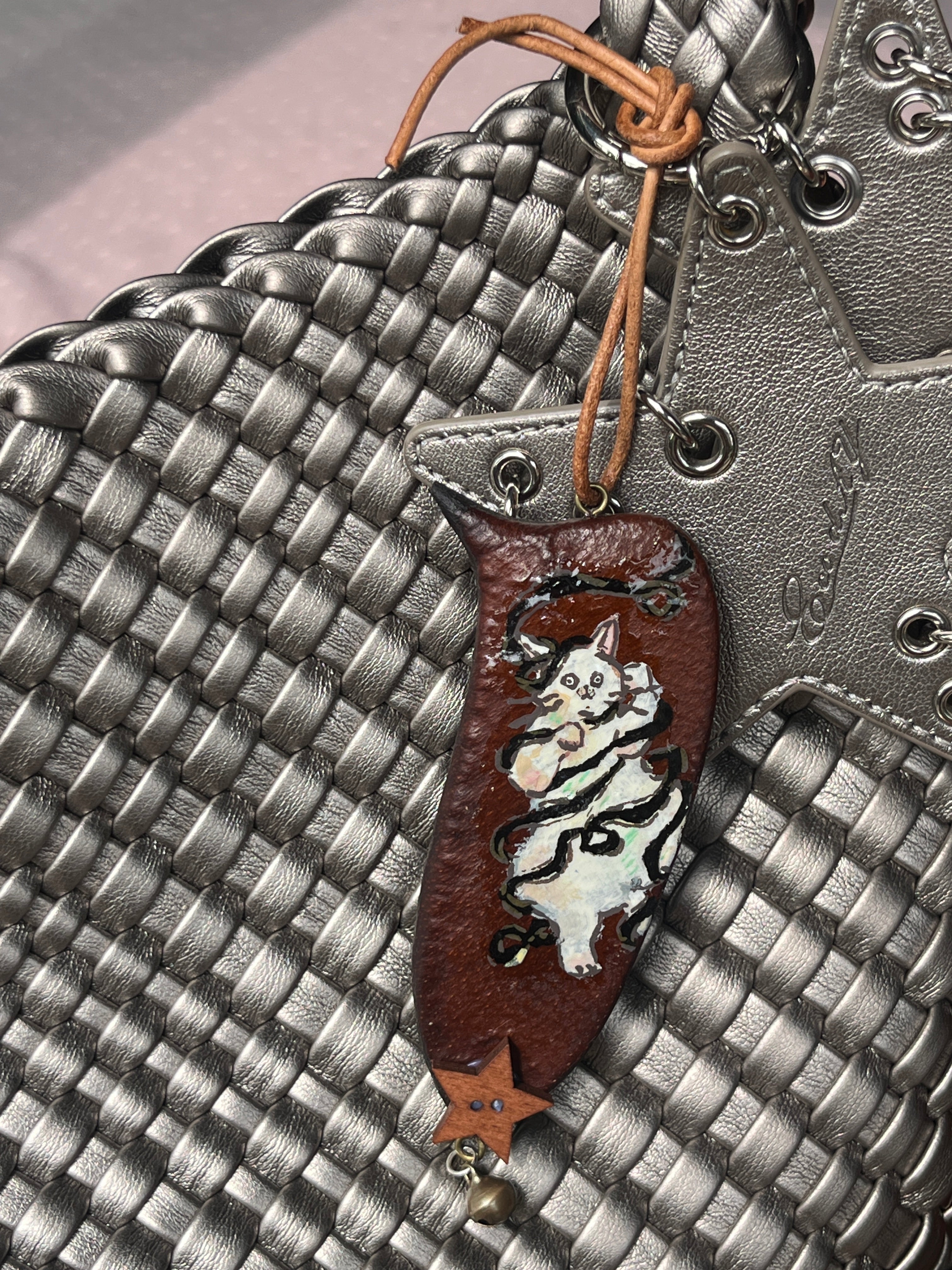 White Cat PeaPod Bag Charm | Handmade Hand-Painted Accessory