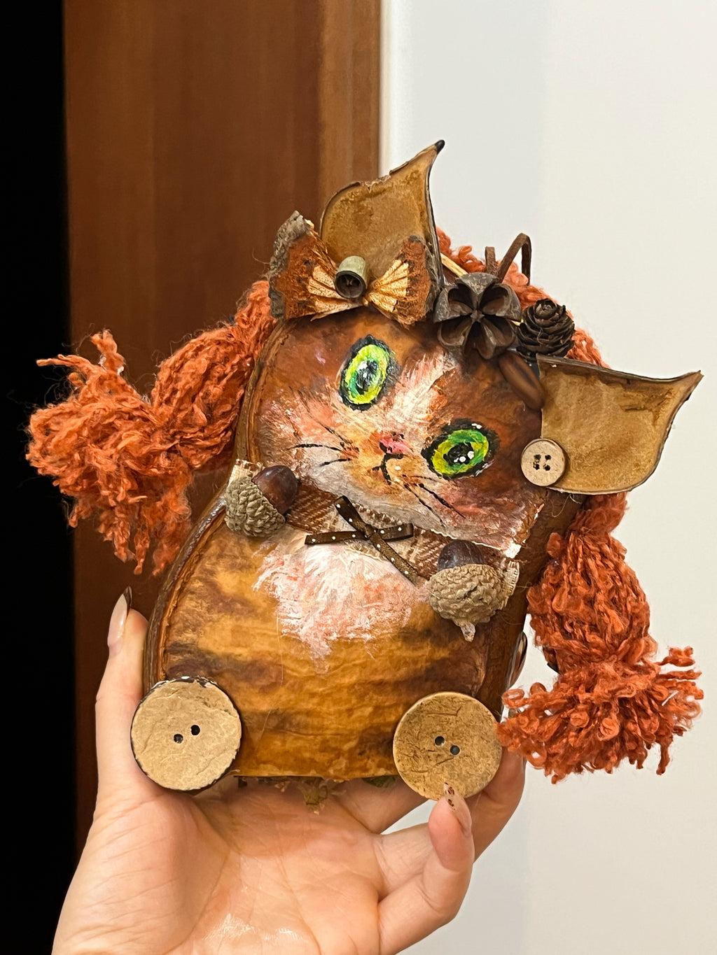 Handmade Autumn Pea Pod Doll | Whimsical Orange-Haired Art Doll with Hidden Cat Back