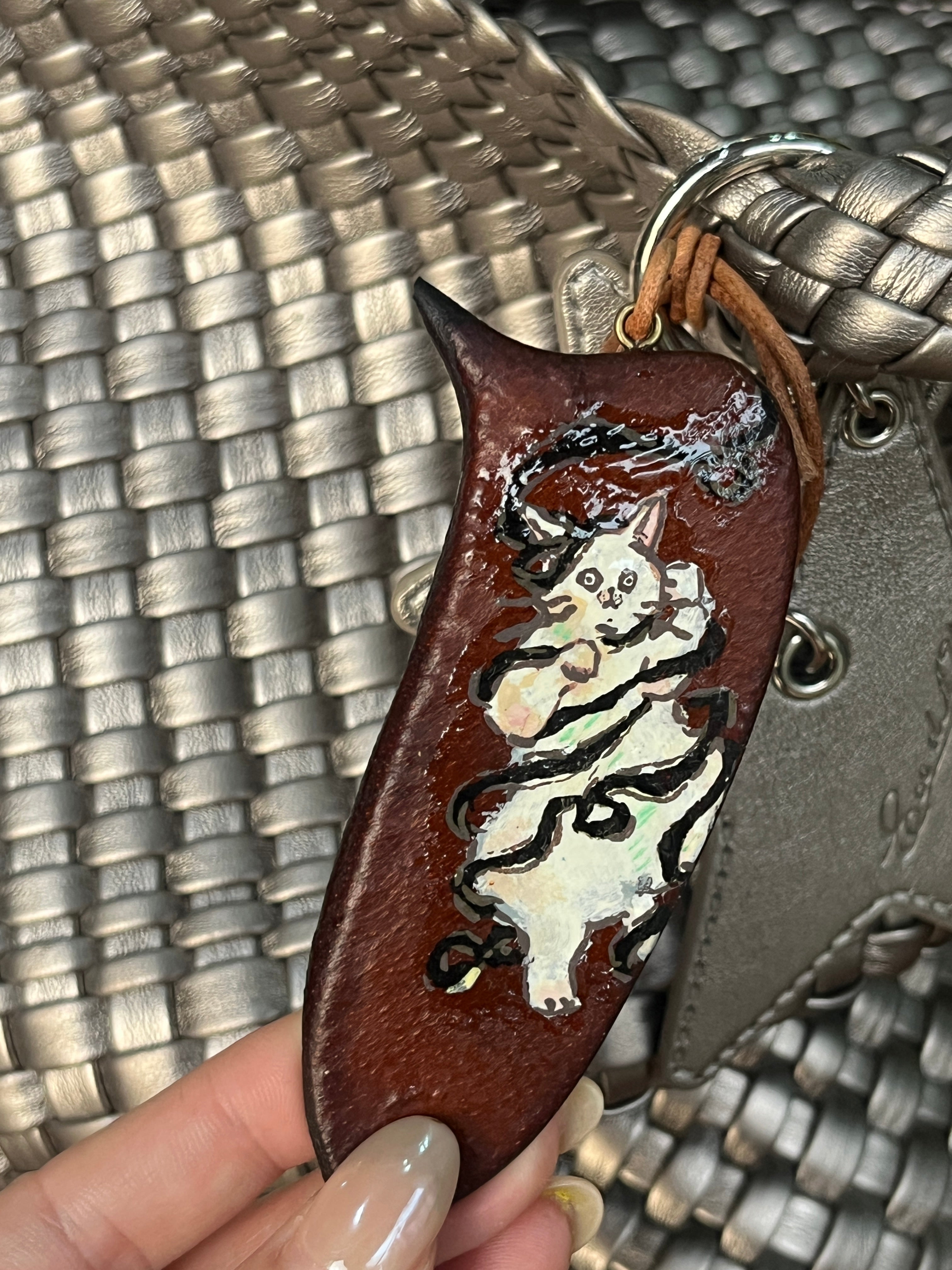 White Cat PeaPod Bag Charm | Handmade Hand-Painted Accessory