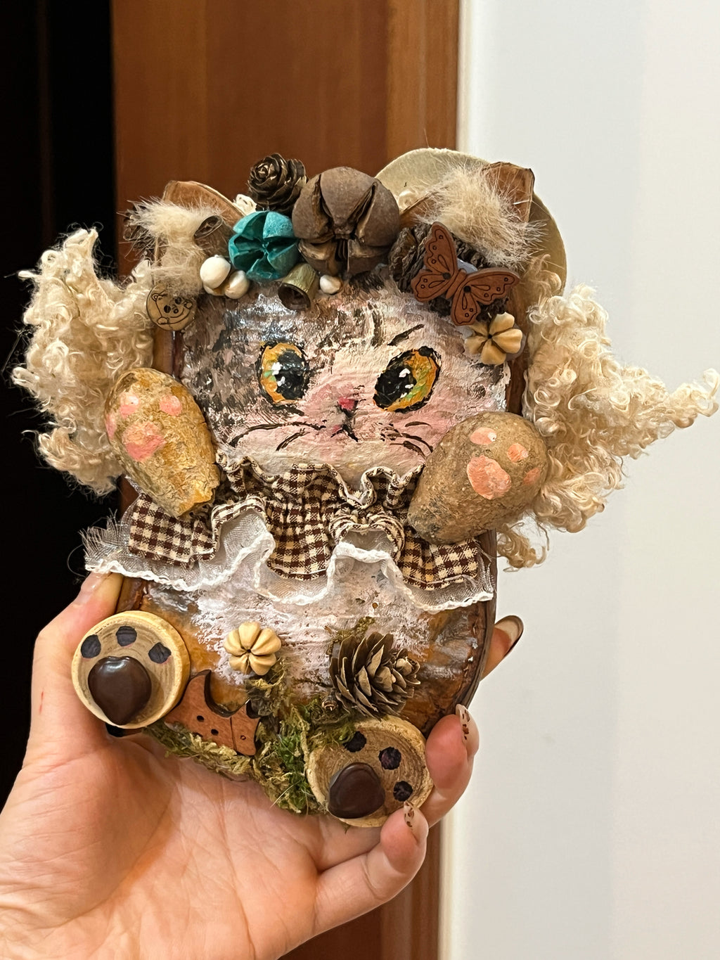 Handmade Pea Pod Doll | Whimsical Cat & Girl Art Doll with Front and Back Details