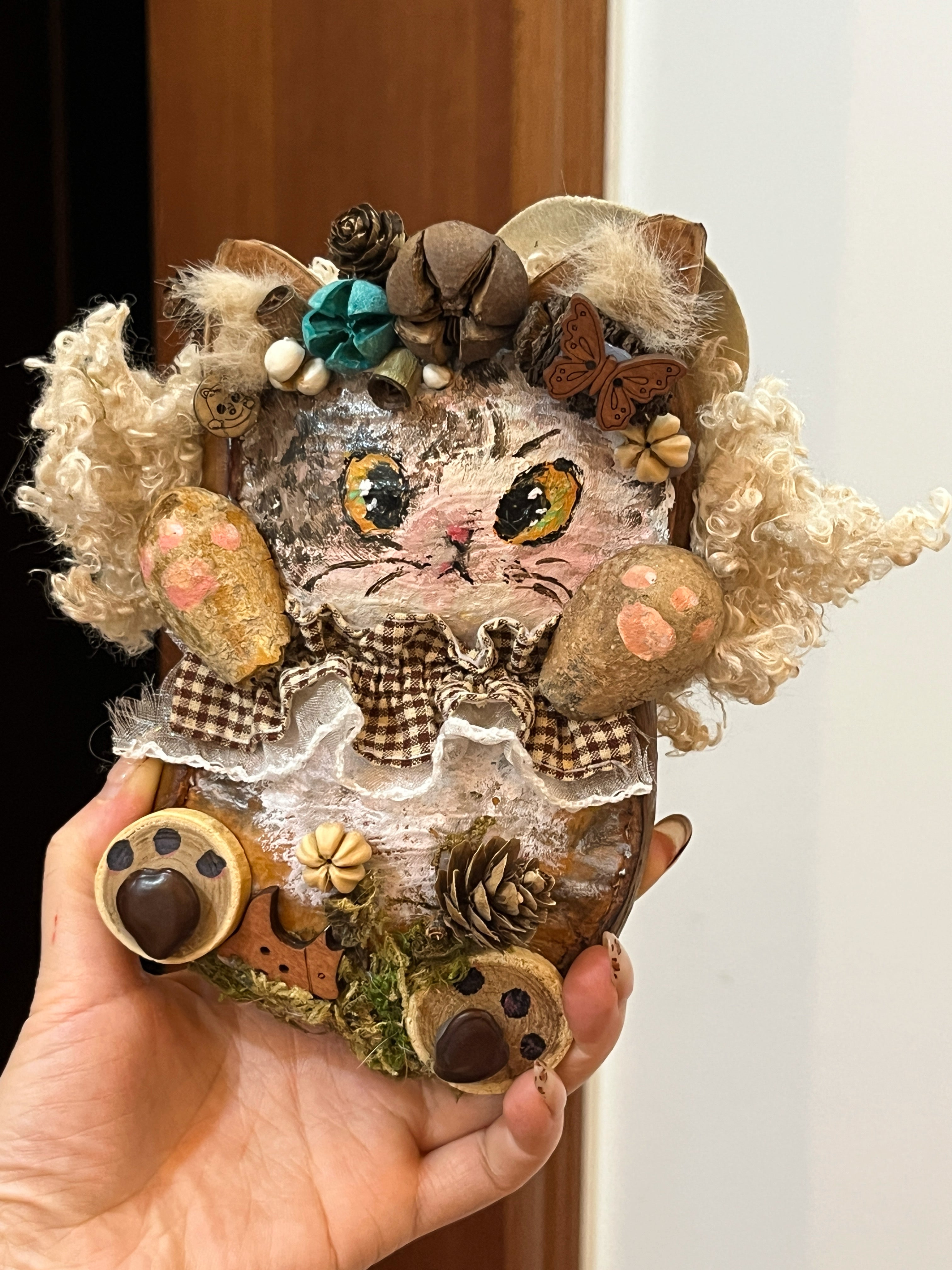 Handmade Pea Pod Doll | Whimsical Cat & Girl Art Doll with Front and Back Details