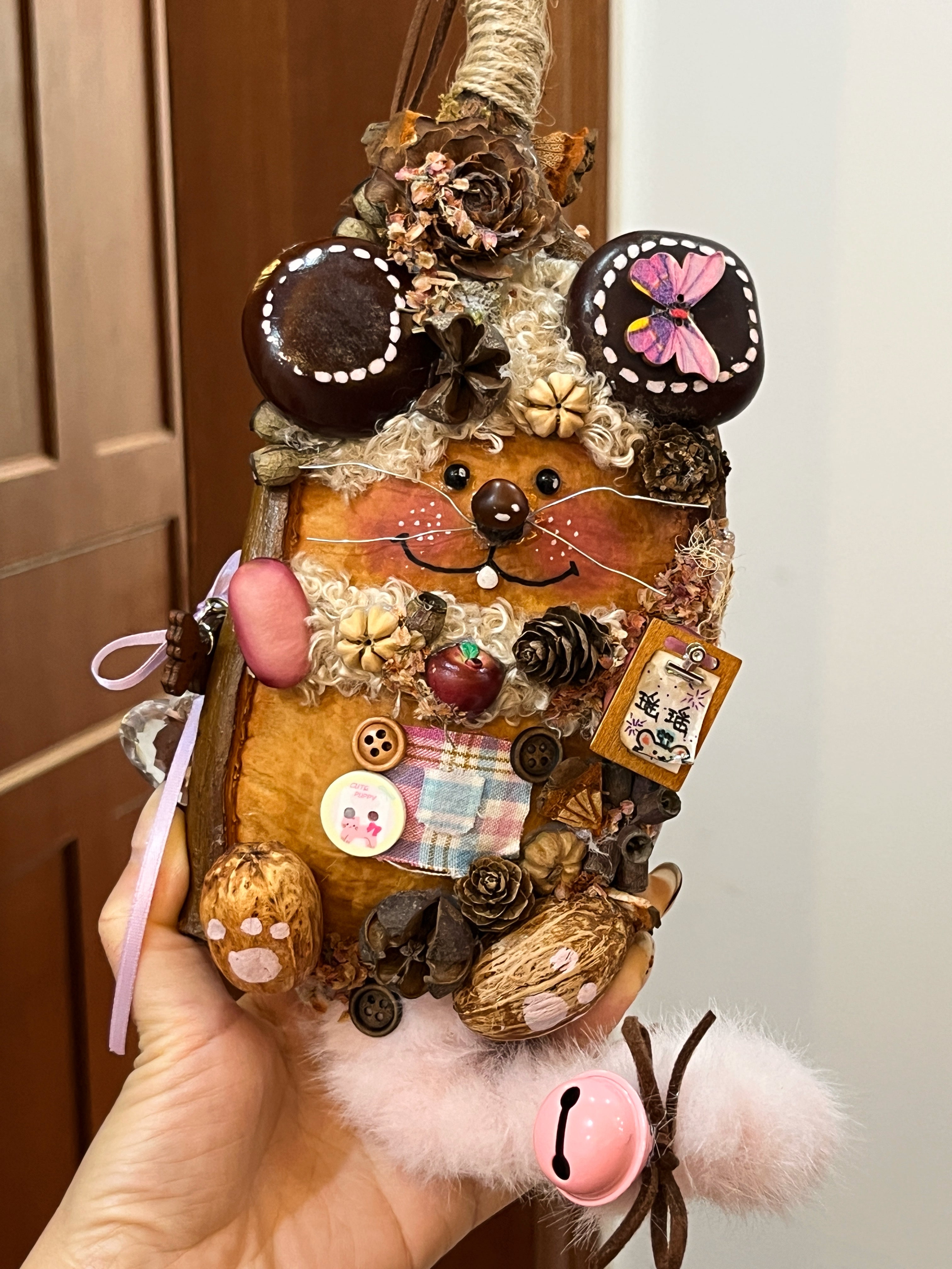Handmade Pea Pod Doll | Whimsical Mouse Phone Art Doll with Front and Back Details