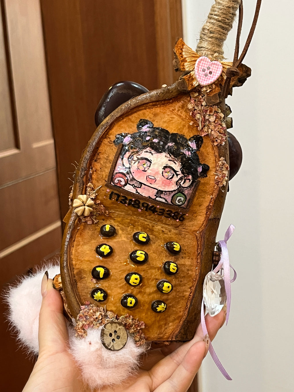Handmade Pea Pod Doll | Whimsical Mouse Phone Art Doll with Front and Back Details