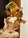 Handmade Pea Pod Doll | Whimsical Bat-Eared Art Doll with Knitted Hat and Bunny Charm