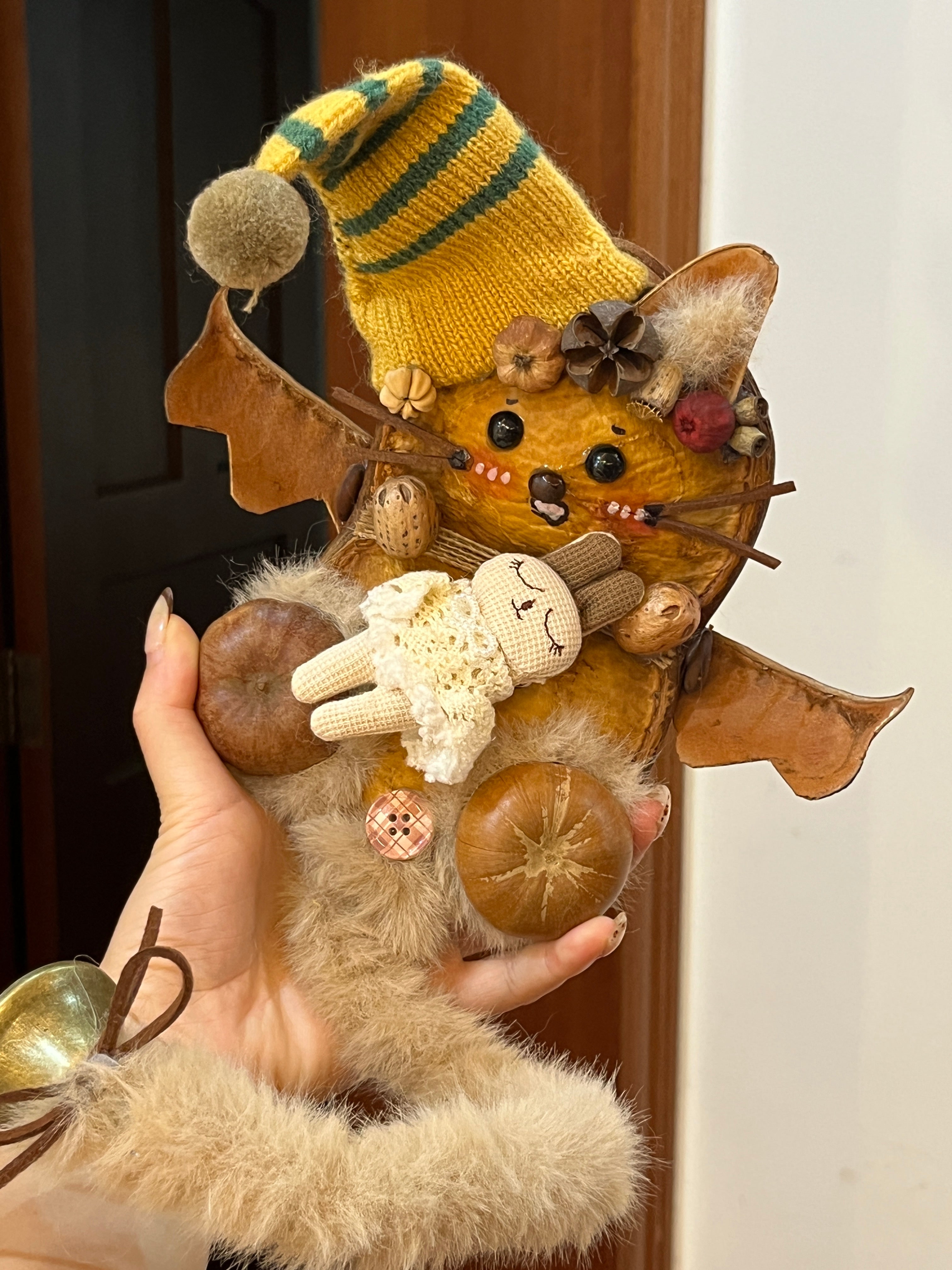 Handmade Pea Pod Doll | Whimsical Bat-Eared Art Doll with Knitted Hat and Bunny Charm
