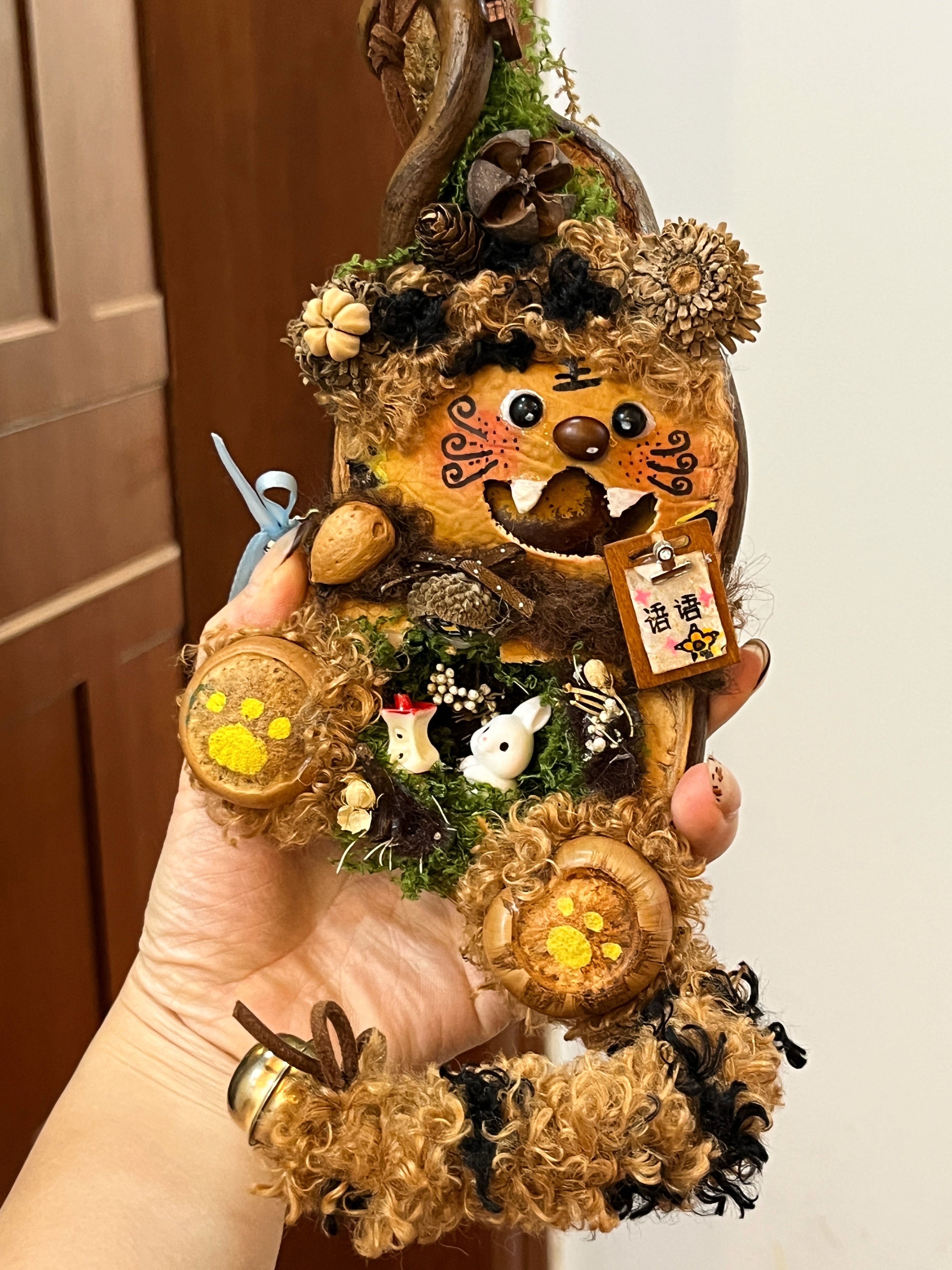Handmade Pea Pod Doll | Whimsical Tiger Phone Art Doll with Woodland Scene Back