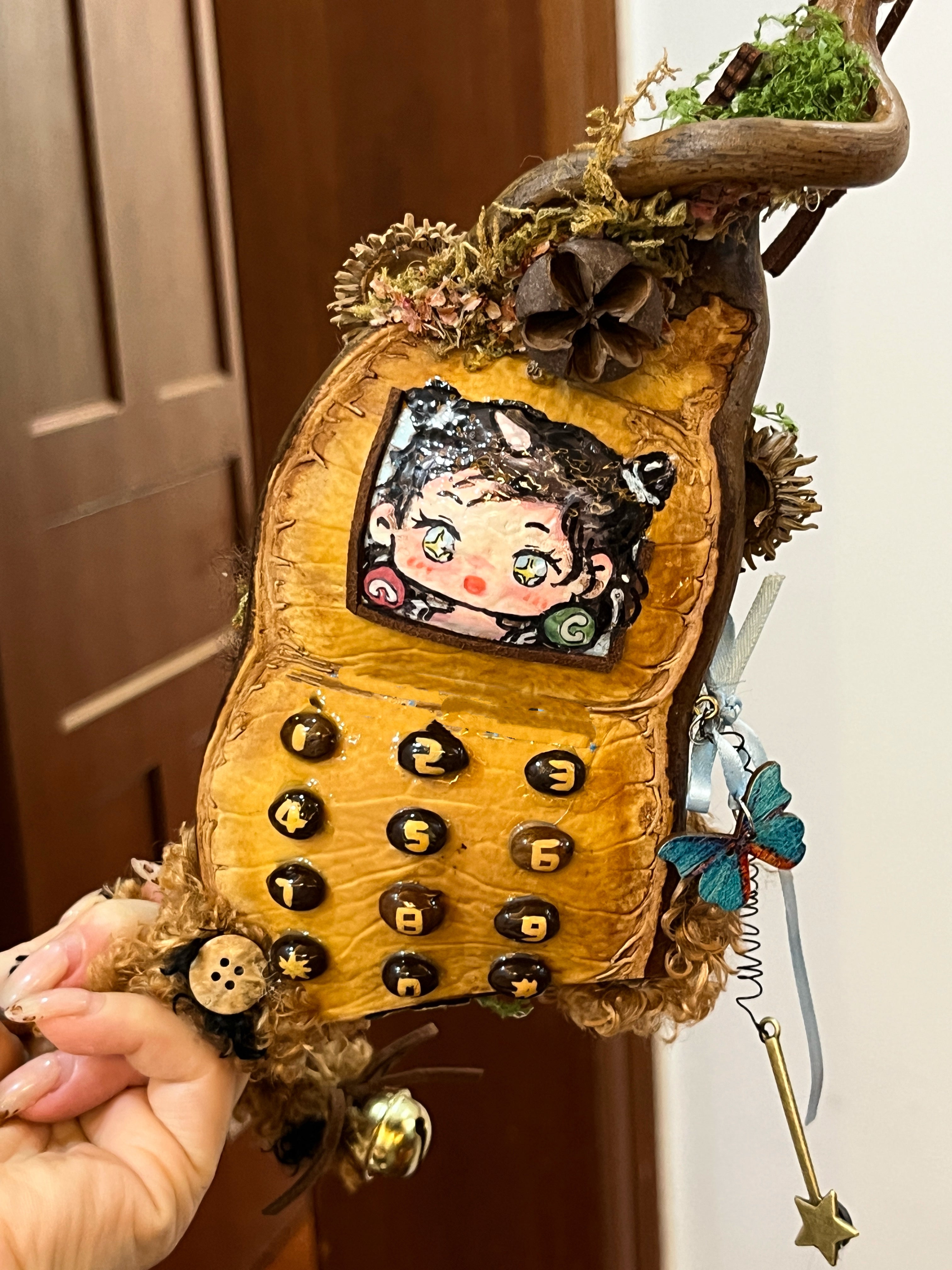 Handmade Pea Pod Doll | Whimsical Tiger Phone Art Doll with Woodland Scene Back