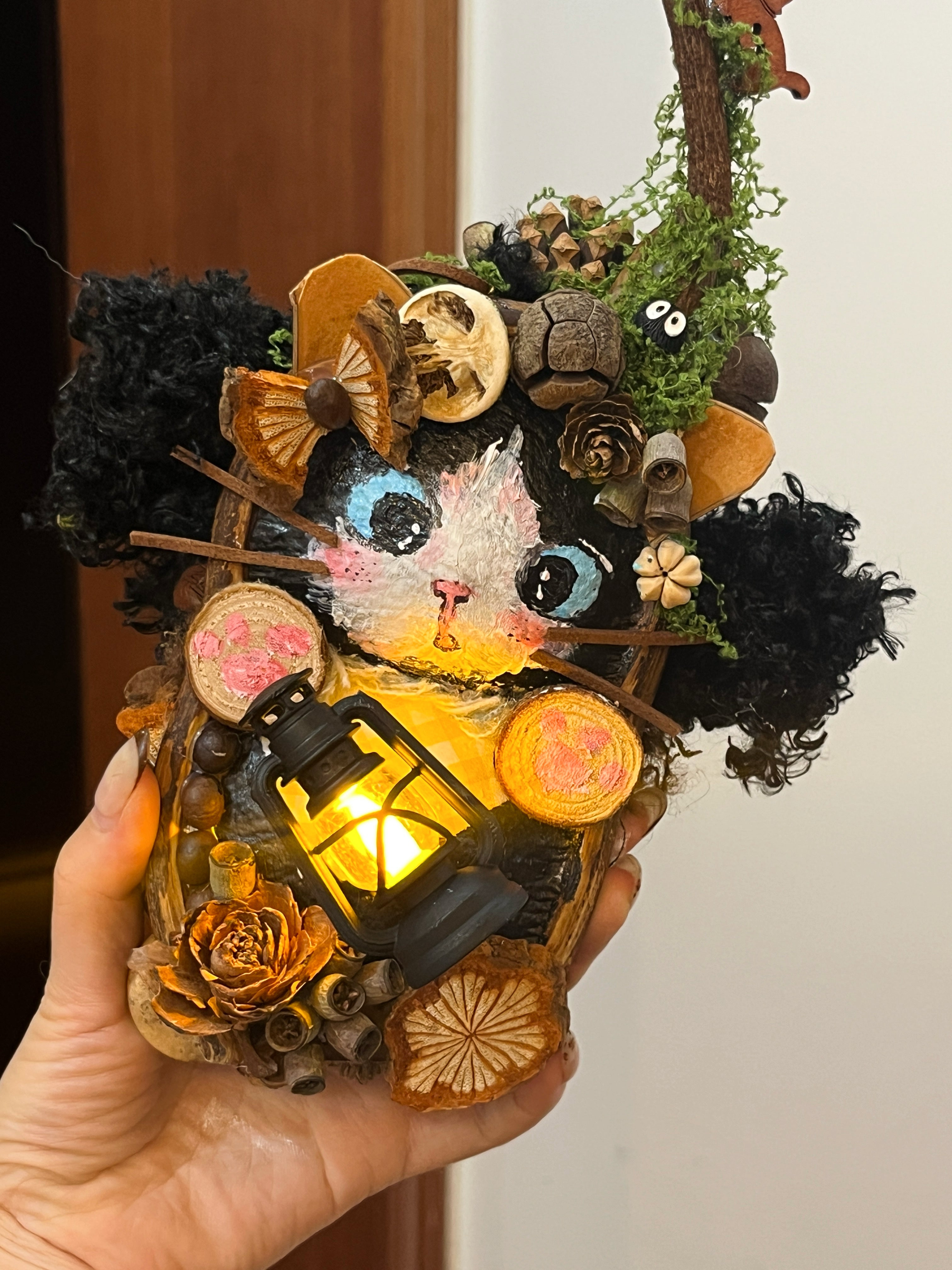 Handmade Pea Pod Doll | Woodland Girl Art Doll with Hidden Cat Lantern Back