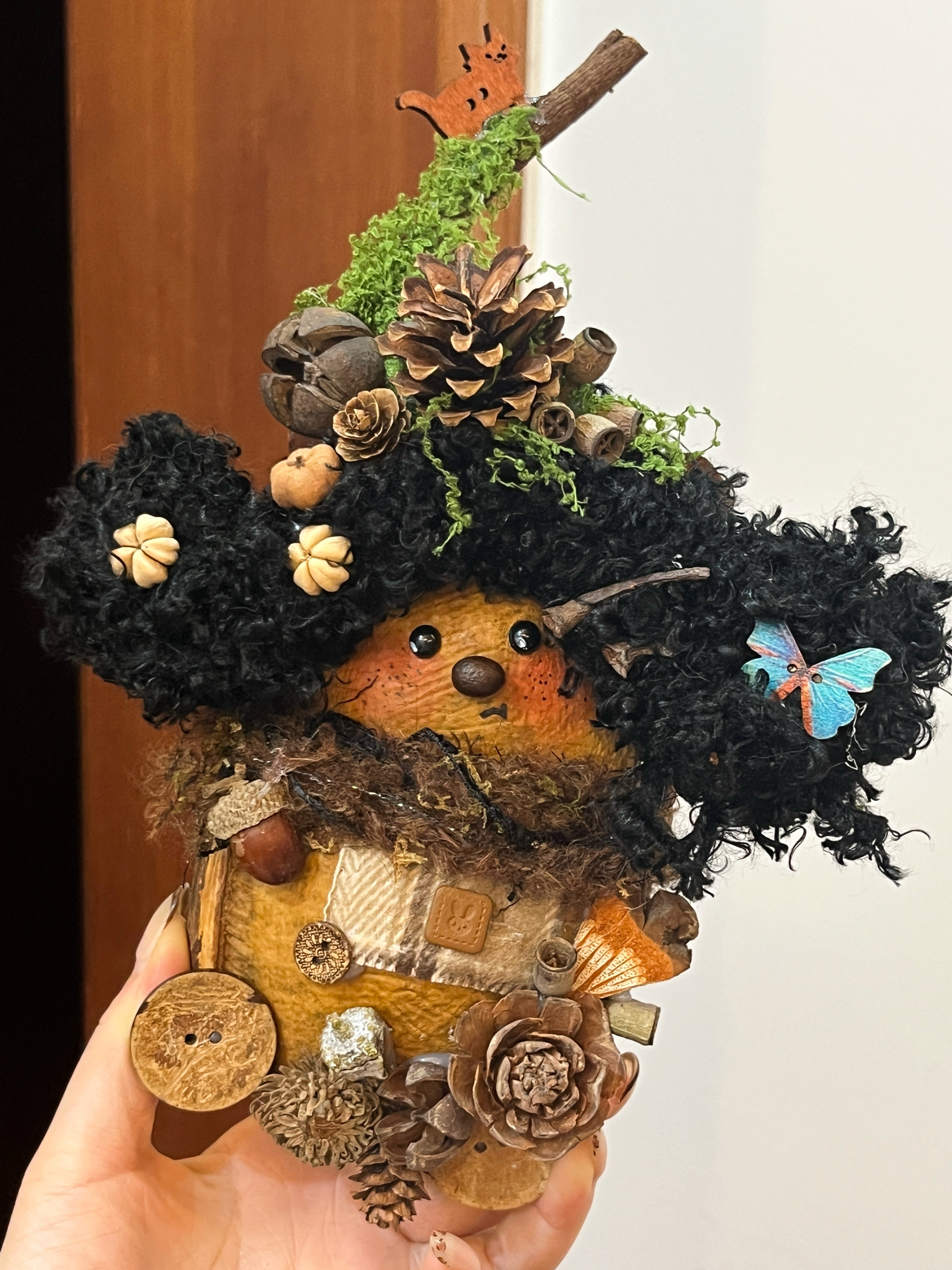 Handmade Pea Pod Doll | Woodland Girl Art Doll with Hidden Cat Lantern Back